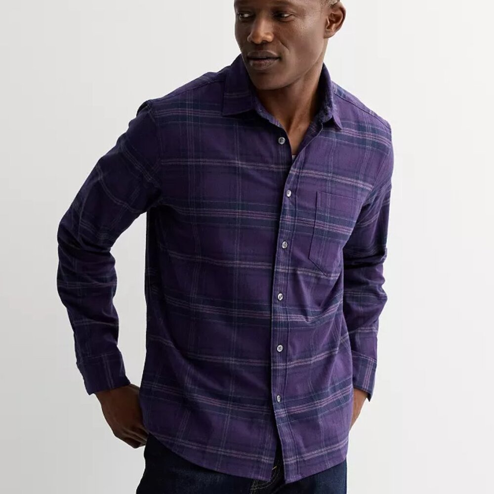 Apt. 9 Men's Stretch Flannel‎ Shirt Medium Purple Plaid Slim Fit Button Up